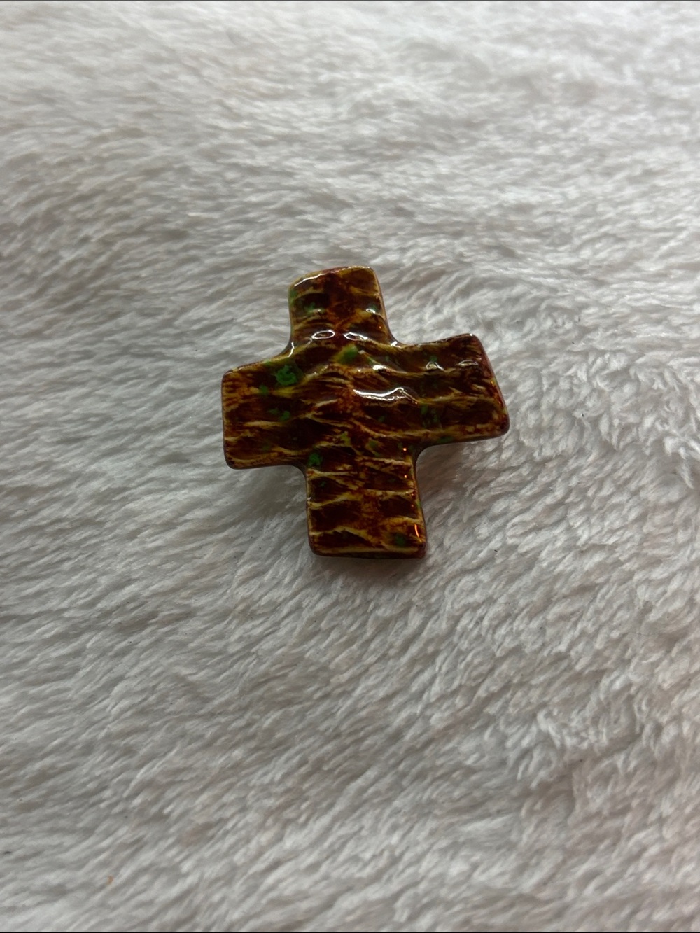 70s Ceramic Cross Accent Pin in Brown and Green